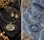 Double oval necklace and matching earrings shown in sage green and blue color combinations


