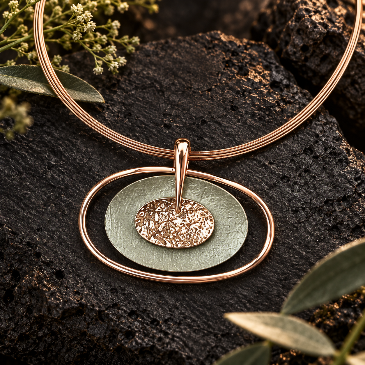 Boho double oval statement necklace with sage green center and rose gold metal on dark stone

