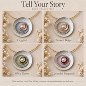 Sculptural Halo necklace color options in Ocean Breeze Neutral Beige Olive Green and Lavender Burgundy