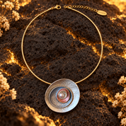 Full Sculptural Halo pendant necklace with adjustable gold-tone chain displayed on dark textured stone