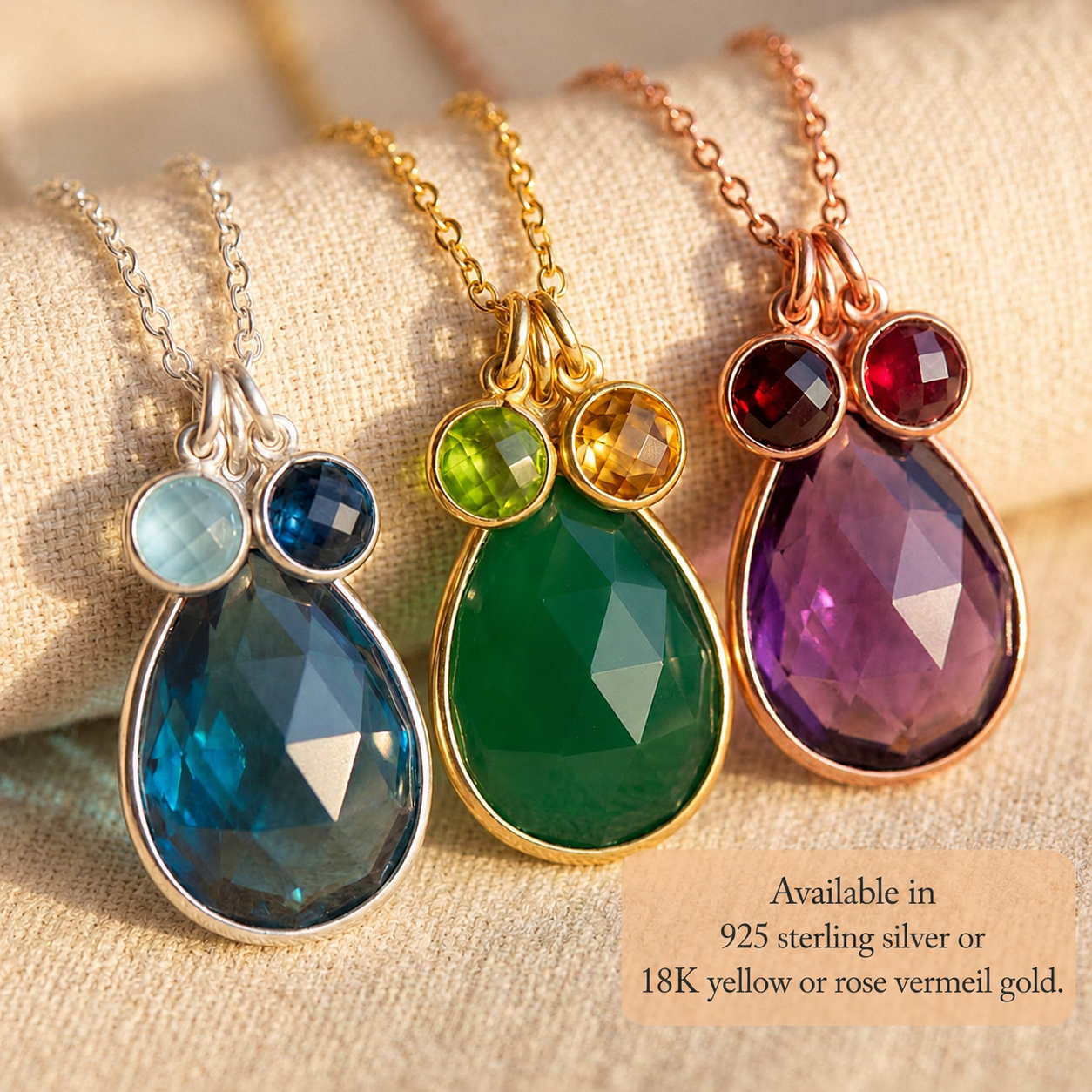 Mom birthstone necklace in sterling silver, yellow gold, and rose gold with teardrop stones