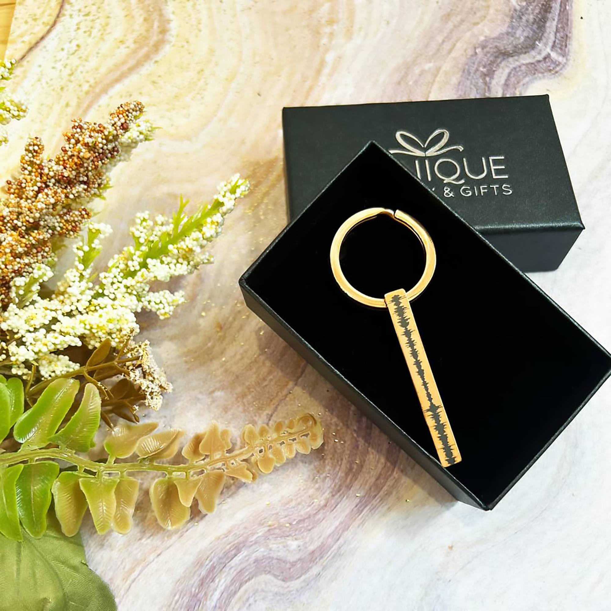 A gold 3D bar keychain in an open black Danique Box. The keychain is engraved with a sonogram heartbeat image and is a gift for a New Mom. Personalized Keychain for Women, Custom Engraved Key Ring, 3D Bar Keychain with Names, Real Handwriting Keychain, Real Photo Engraved Keychain, Gift for New Driver, Mother's Day Gift, New Mother's Day Gift, Personalized Gift for Mom