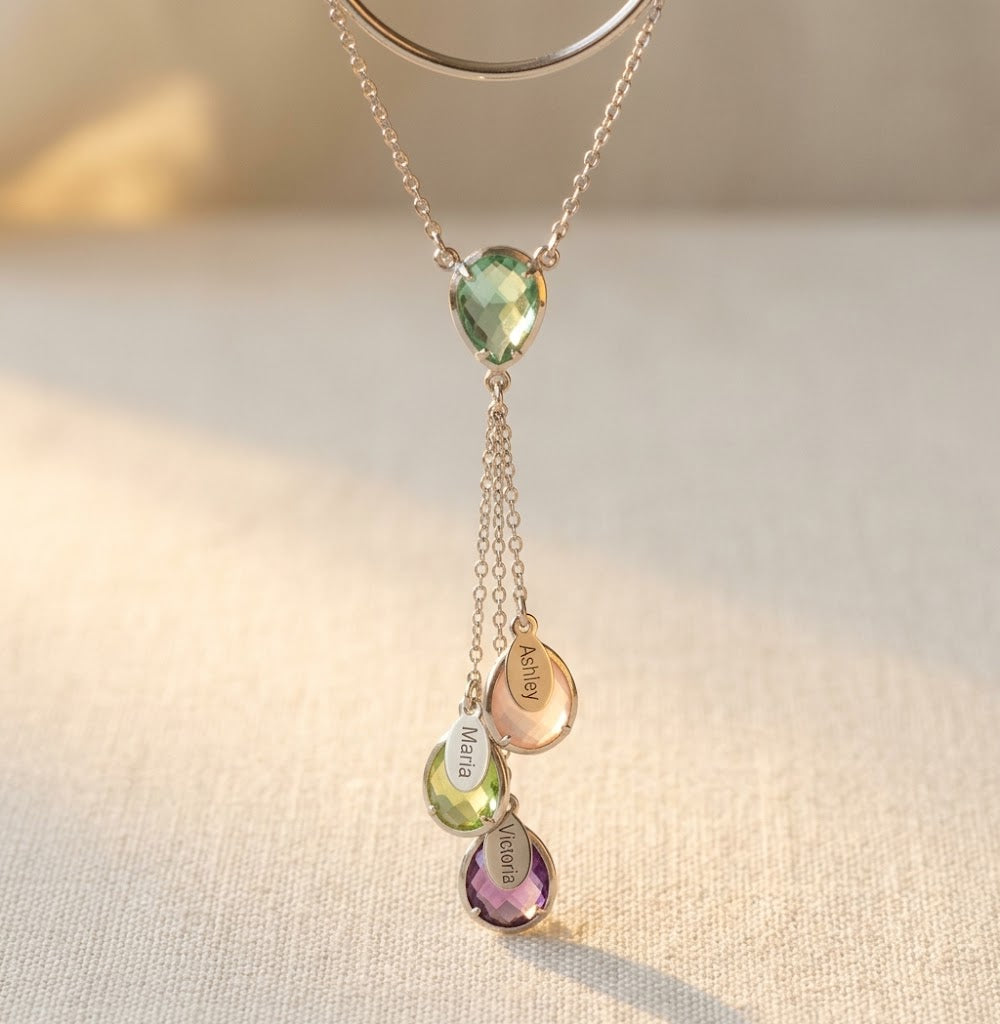 Sterling silver lariat birthstone necklace with engraved kids name charms
