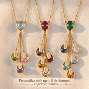 Three personalized lariat necklaces with different top birthstones and up to five engraved kids name charms