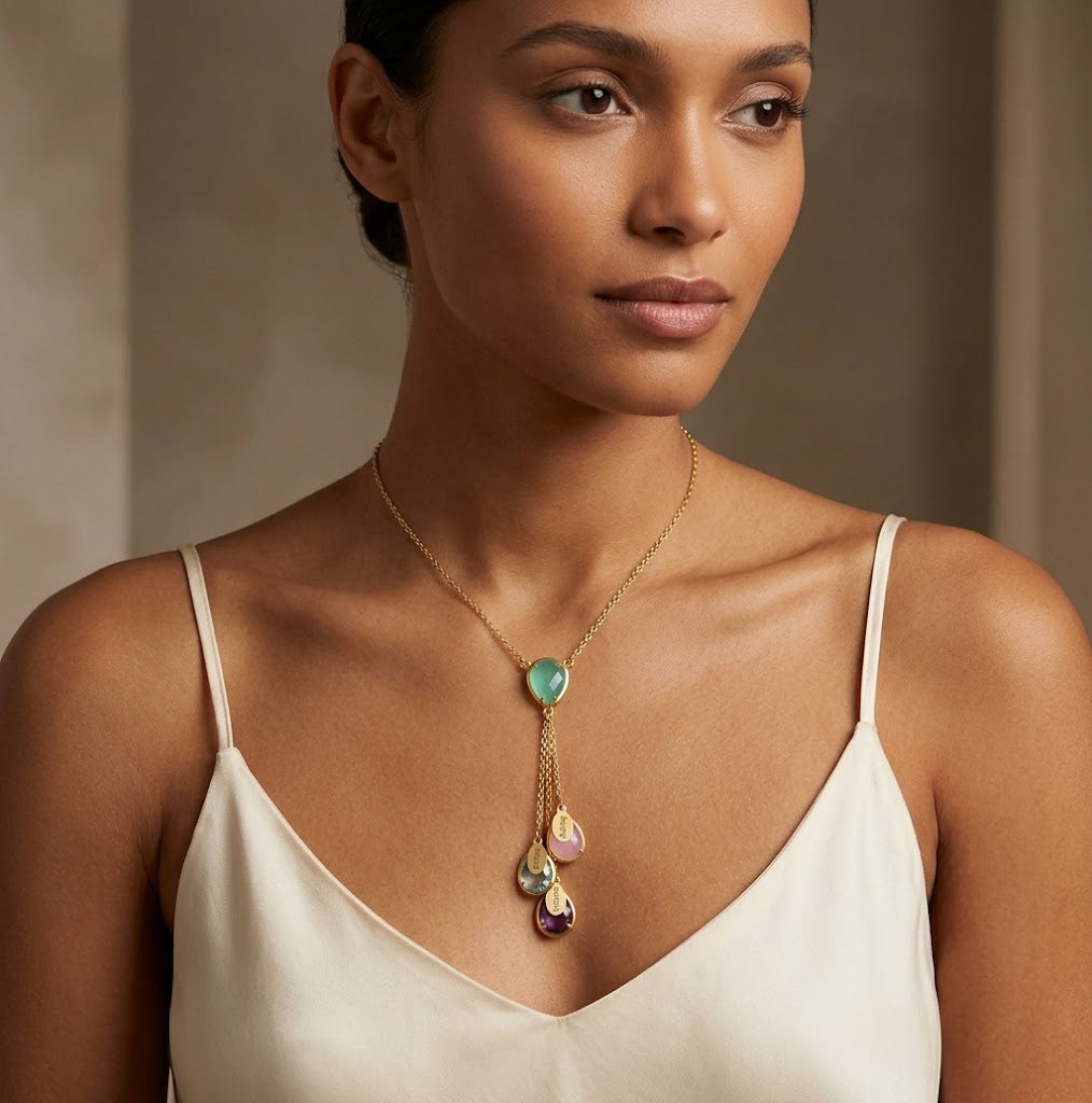 Woman wearing personalized family lariat birthstone necklace in yellow gold
