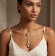 Woman wearing personalized family lariat birthstone necklace in yellow gold
