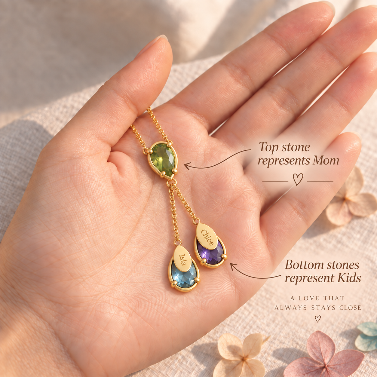 Close up of family birthstone lariat necklace with engraved name tags
