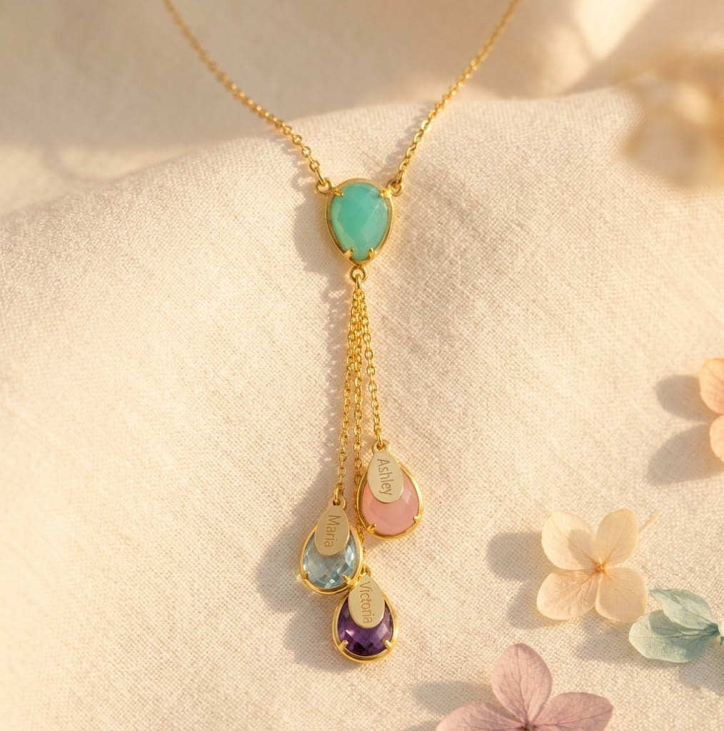 Personalized lariat birthstone necklace with kids names and colorful teardrop gemstones
