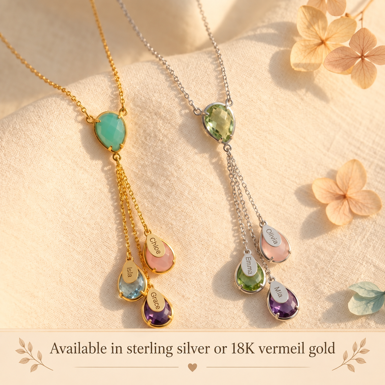 Yellow gold and sterling silver family lariat birthstone necklaces