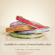 Custom engraved leather cuff bracelets in multiple colors and metal finishes
