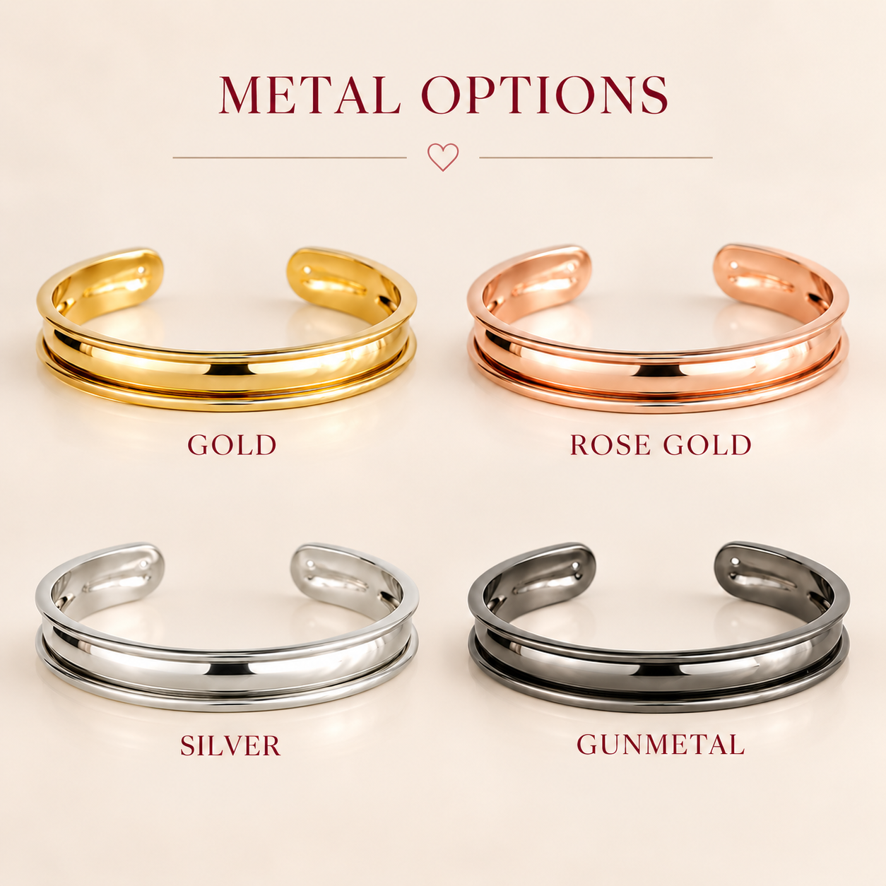 Metal finish options for personalized cuff bracelet in gold rose gold silver and gunmetal
