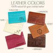 Leather color options for personalized engraved card holders, including honey, cinnamon, espresso, nude, raspberry, turquoise, and silver-gray. Each slim card holder is crafted from full-grain leather and customizable with initials, handwriting, or monogram engraving. Perfect for creating a meaningful gift for men, including boyfriends, husbands, or dads, these custom wallets are ideal for Christmas, birthdays, weddings, or anniversaries.
