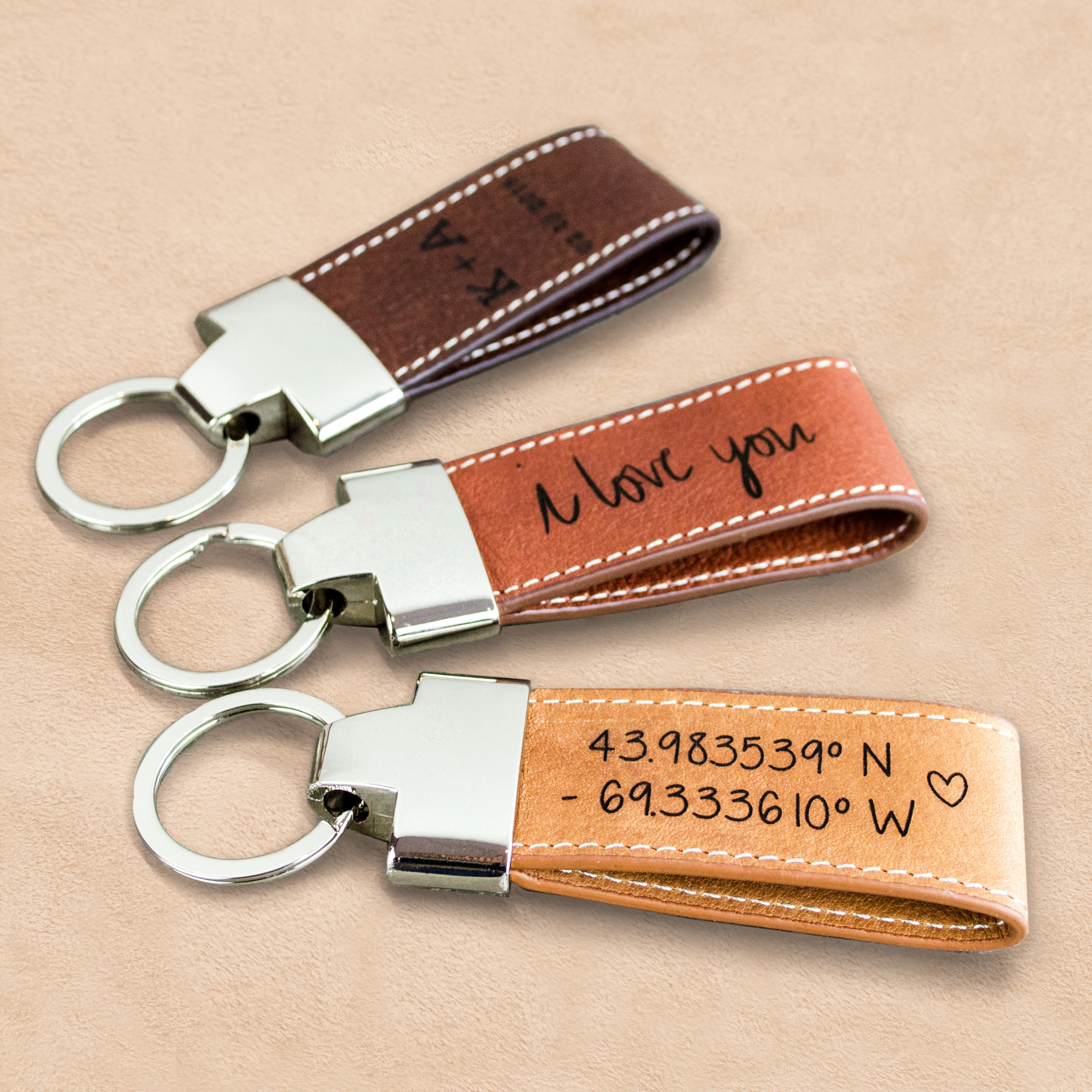 three genuine leather engraved keychains in espresso, cinnamon and honey. leather anniversary gift, leather wedding anniversary gift, 3rd anniversary gift, gift for him, gift for her, birthday gift, christmas gift, valentine's day gift, gift for mom, gift for dad, gift for grandma, medical ID keychain, gift for grandpa, wedding anniversary, third wedding gift, gift for husband, gift for wife, gift for graduate, grad gift, passed drivers test gift