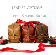 genuine leather bag color options include cinnamon and espresso. Engraved toiletry bag for men, custom dopp kit, personalized men's grooming bag, travel cosmetic kit for men, stylish men's toiletry bag, custom engraved cosmetic bag, unique men's travel accessories, personalized dopp kit gift, travel-ready toiletry bag, custom men's gifts