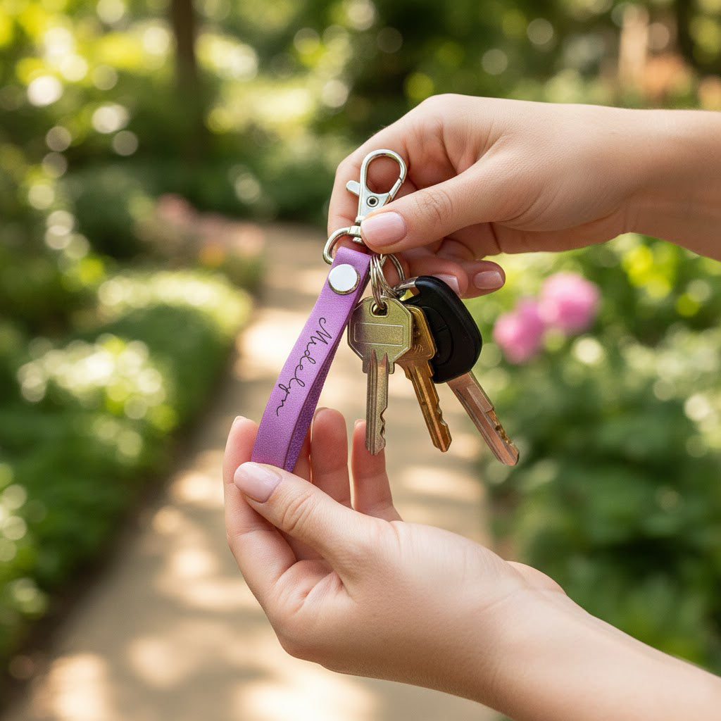 Custom engraved leather keychain held in hands, featuring a purple leather strap personalized with a name and attached to metal key ring with house and car keys. Personalized leather key fob designed for everyday use, handcrafted with durable leather and secure hardware. Thoughtful personalized gift for her or him, perfect for housewarming, new home, birthday, anniversary, Valentine’s Day, or practical everyday gift with meaningful custom engraving.