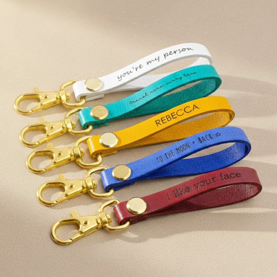 Personalized leather loop keychains key fobs for daily use. celebrate that special someone with a custom keychain