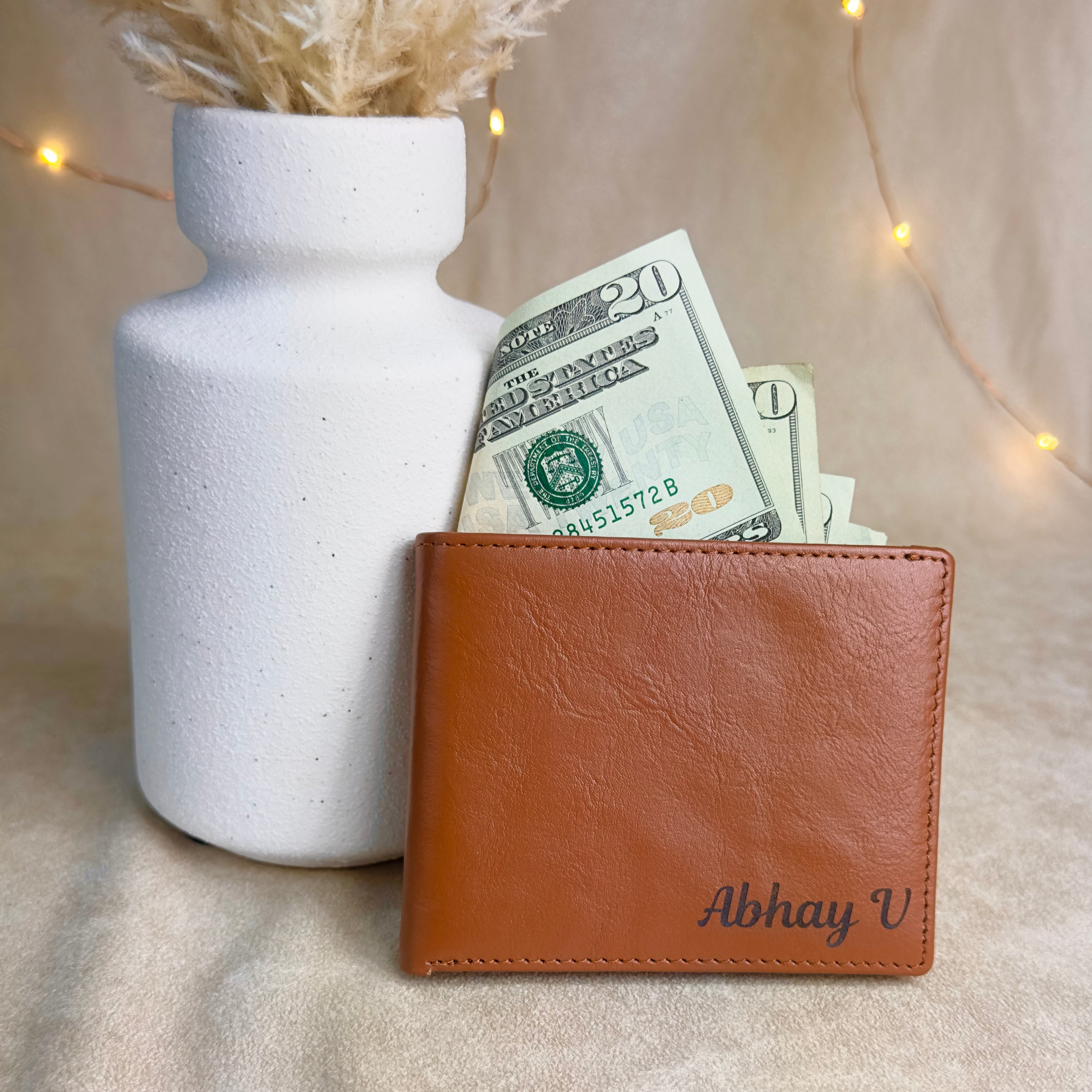 Honey engraved wallet against pot. Great gift for dads, Father's Day, Retirement, new job or promotion or for your wedding party, dad gift, fathers day gift, gift for dad, gift for him, christmas, groomsman gift, promotion gift, grad gift, graduation gift. anniversary gift, leather anniversary, 3rd anniversary, third anniversary, gift for wife, gift for fiance, gift for girlfriend, gift for boyfriend, custom gift, personalized gift, grad gift, valentine's day, christmas, birthday