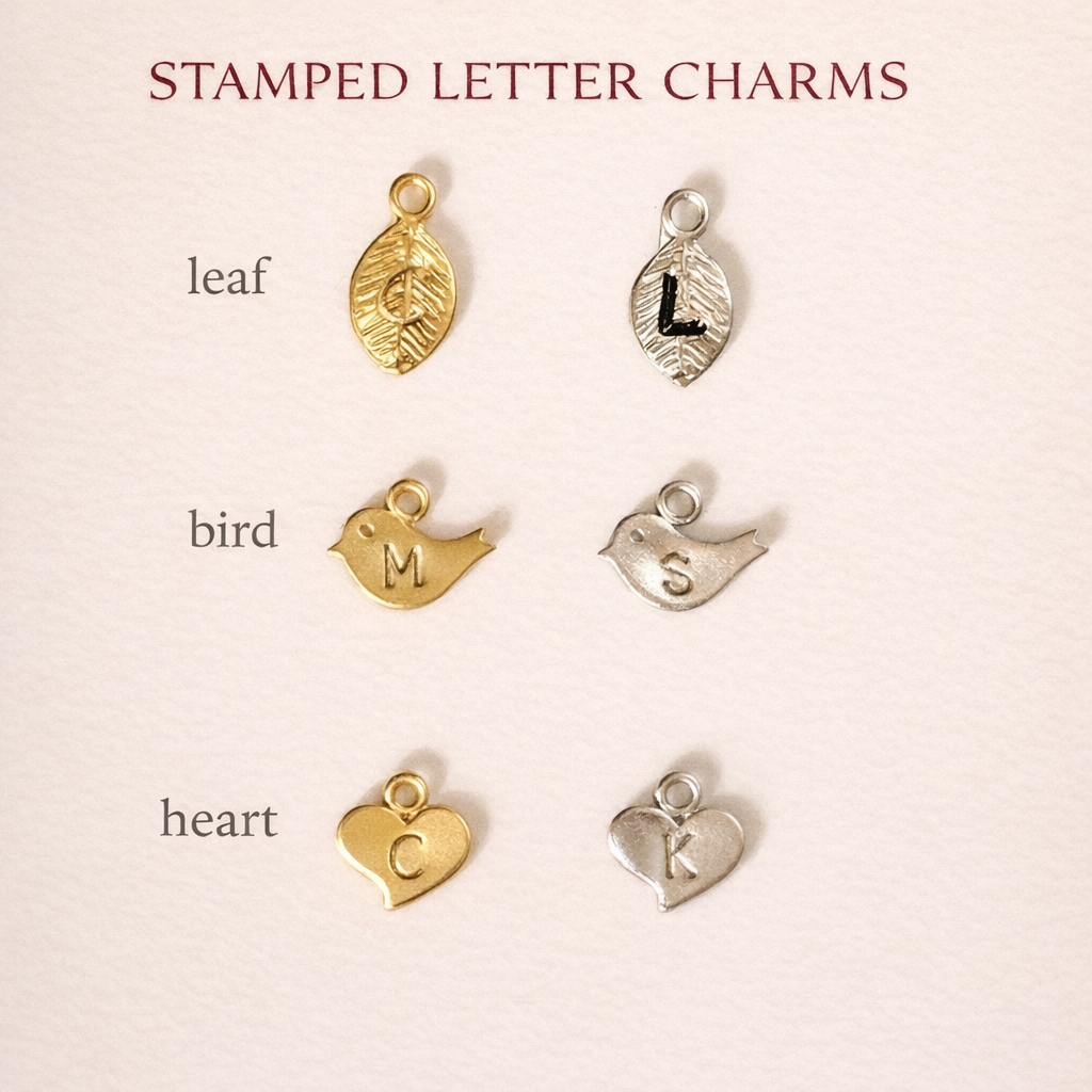 Stamped letter charm options for custom birthstone bracelet, personalized initial charms in gold and silver