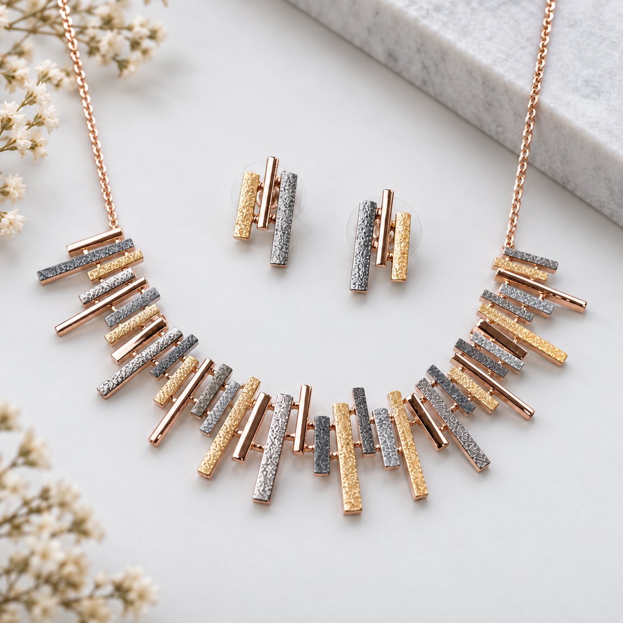 Sunray fringe necklace and matching stud earrings displayed on clean white background


