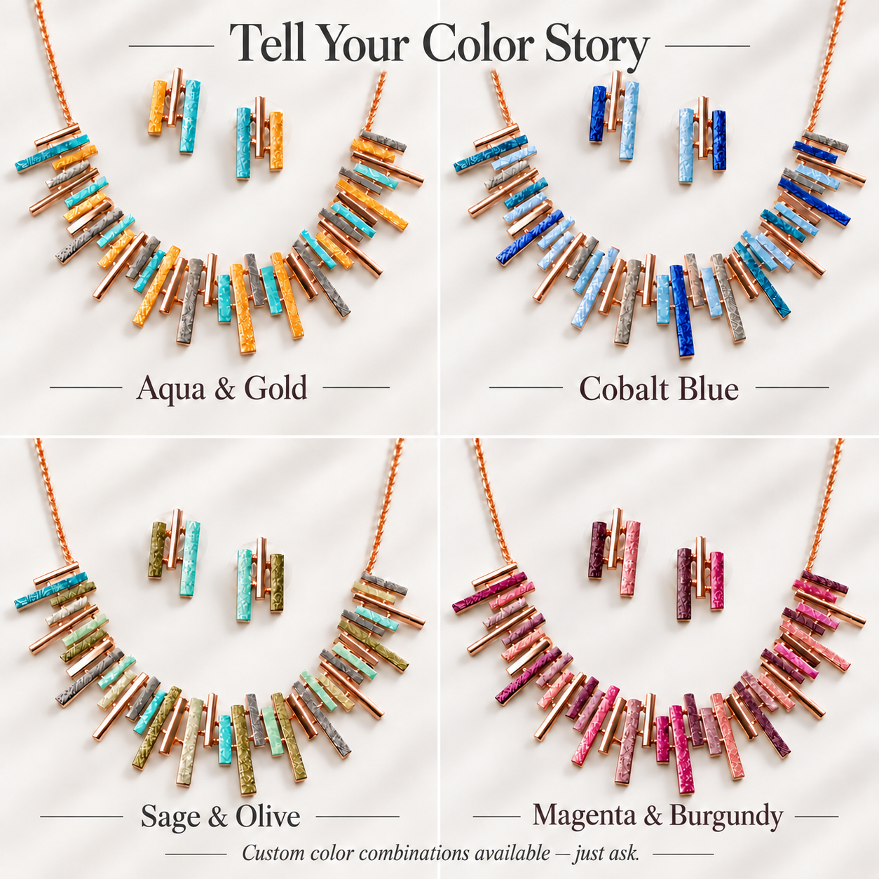 Sunray fringe necklace and stud earrings color chart in Aqua Gold Cobalt Blue Sage Olive and Magenta Burgundy