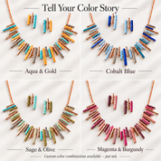Sunray fringe necklace and stud earrings color chart in Aqua Gold Cobalt Blue Sage Olive and Magenta Burgundy