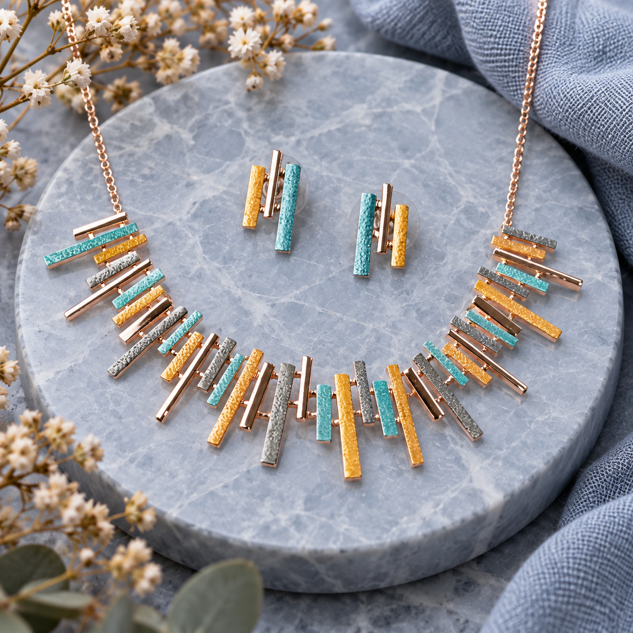 Boho Sunray fringe necklace and matching stud earrings with turquoise gold silver and rose gold bars on gray stone


