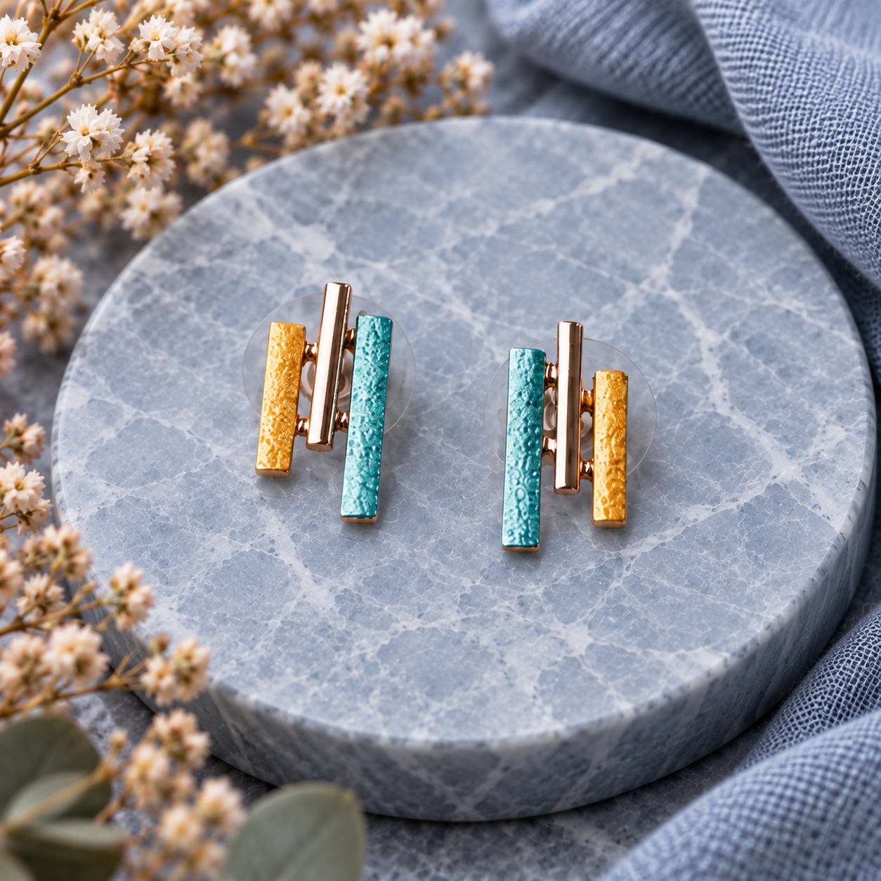 Sunray geometric stud earrings with turquoise gold silver and rose gold textured bars