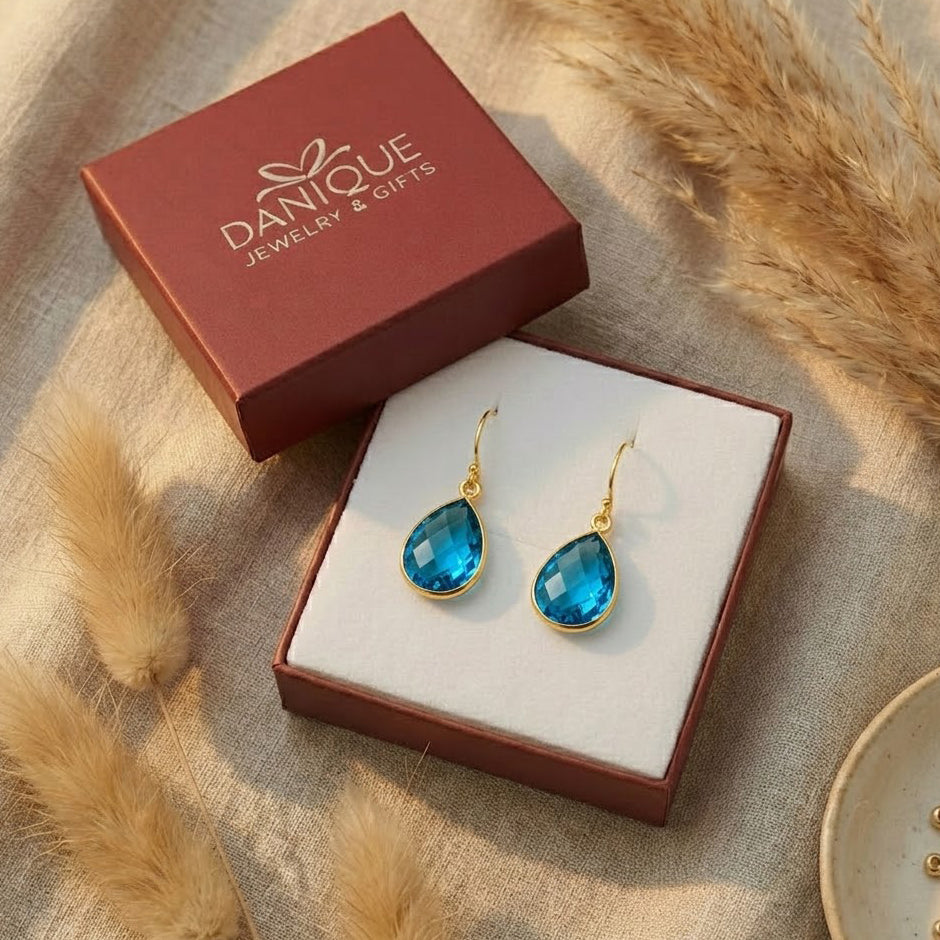 London blue topaz earrings in Danique gift box, ready-to-gift December birthstone drop earrings