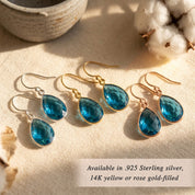 London blue topaz teardrop earring set in sterling silver and 14k gold filled, faceted blue gemstone drop earrings