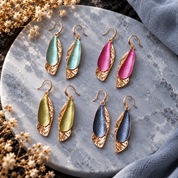 Boho Triple Barrette drop earrings in aqua magenta olive and blue color options with rose gold accents

