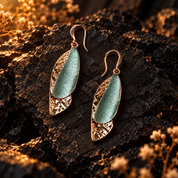 Aqua Seafoam boho barrette drop earrings with rose gold textured accents on dark stone
