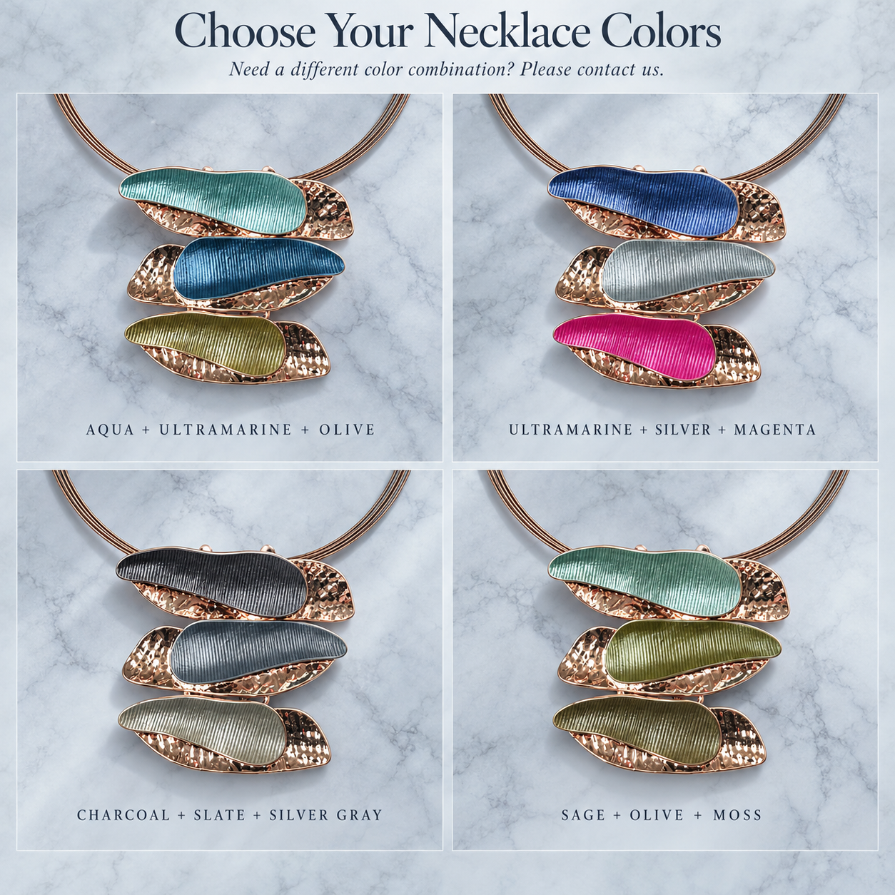 Boho triple barrette necklace color options with aqua blue magenta gray and olive combinations

