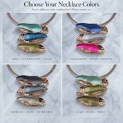 Boho triple barrette necklace color options with aqua blue magenta gray and olive combinations

