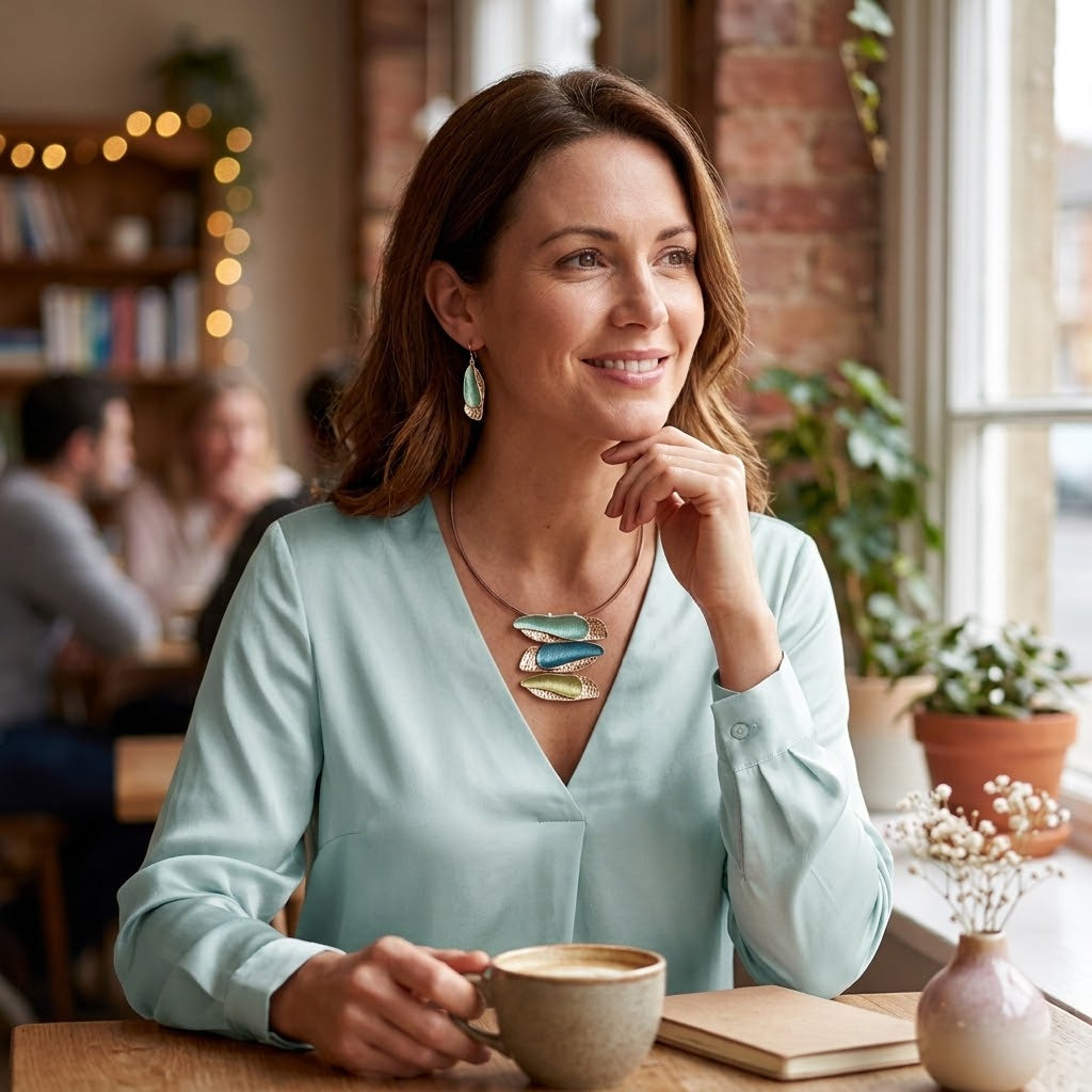 Woman wearing aqua teal boho triple barrette necklace and matching earrings in cafe

