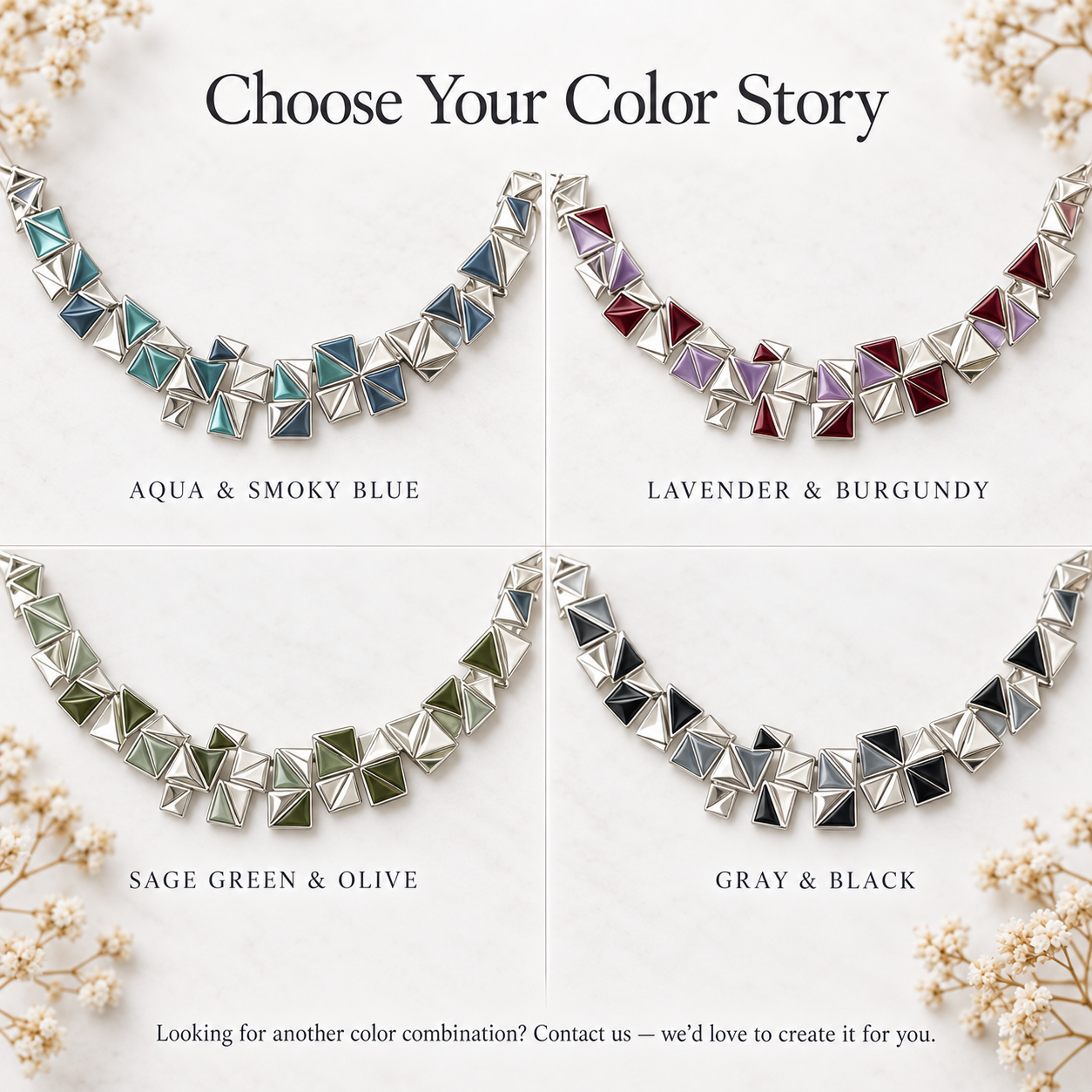 
Geometric pyramid necklace color options in Aqua Navy Blue Lavender Burgundy Sage Olive Gray and Black