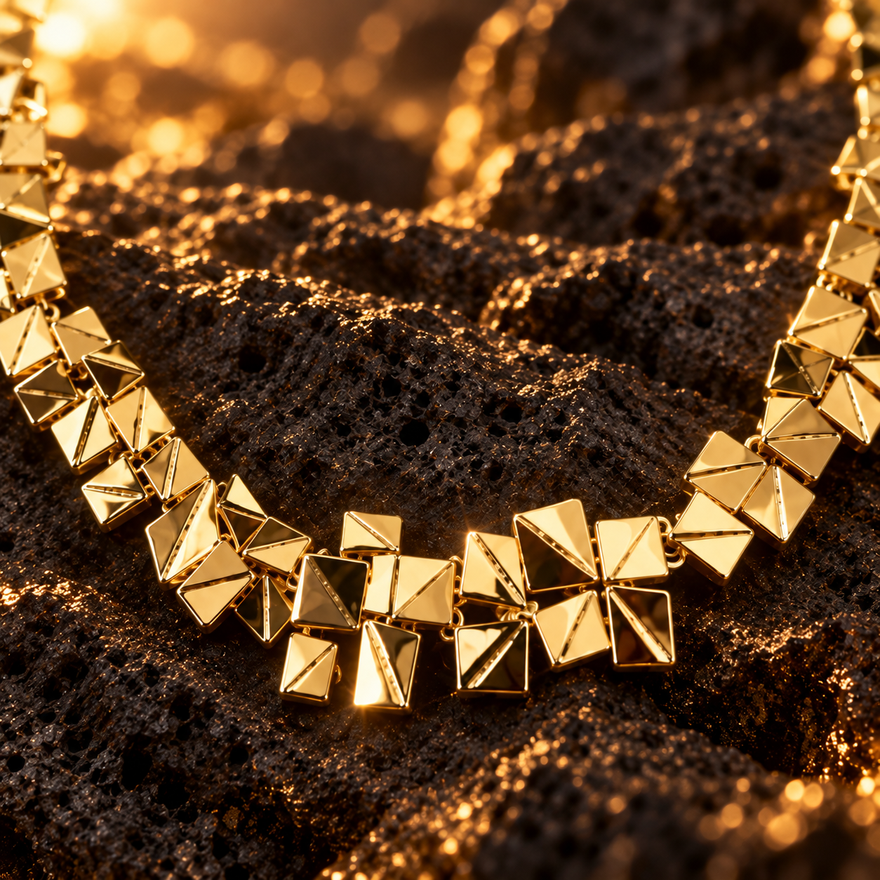 Close up of Gold geometric pyramid necklace with graduated faceted color-block elements on dark stone

