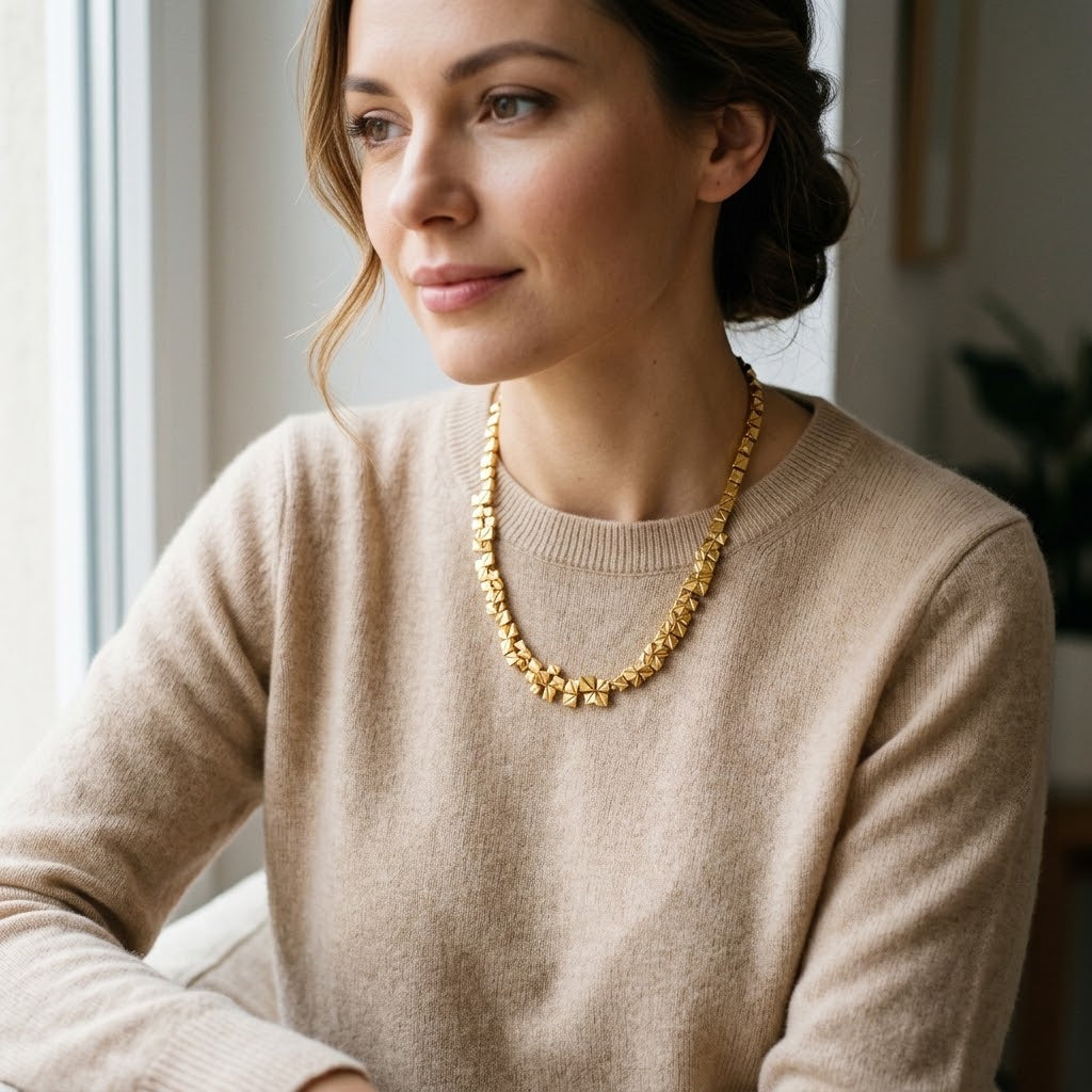 Woman wearing Gold geometric pyramid statement necklace with neutral sweater
