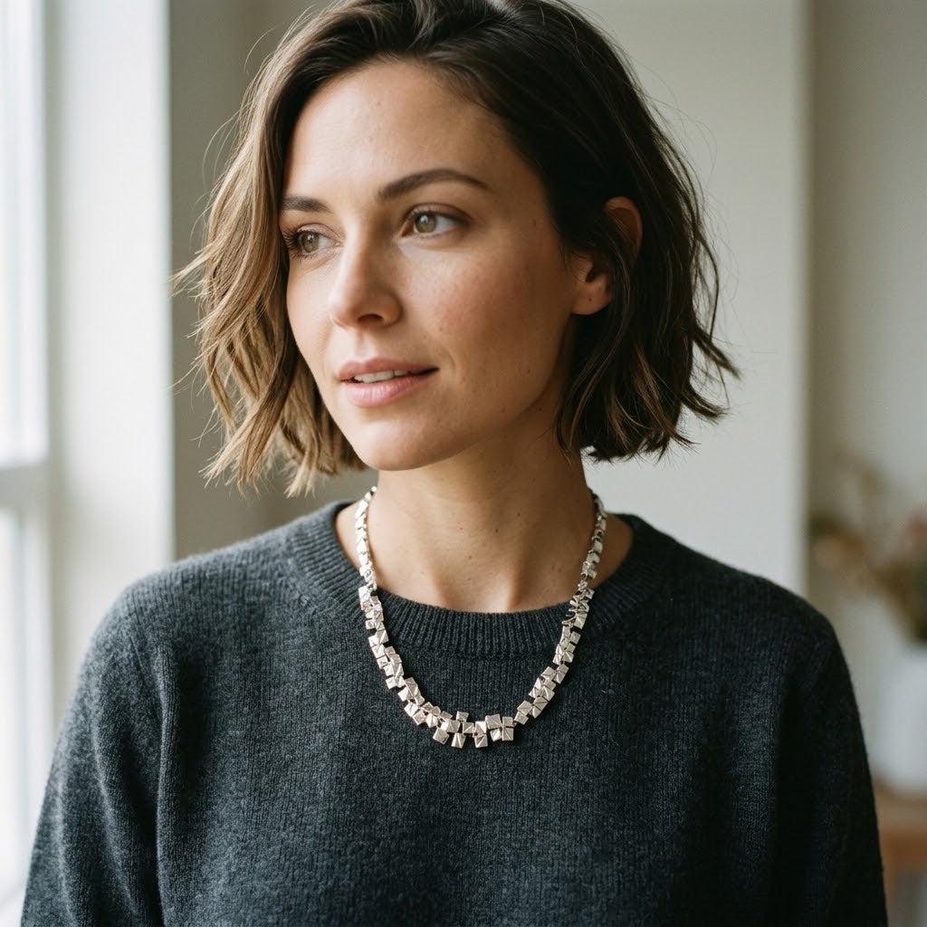 Woman wearing Silver geometric pyramid statement necklace with charcoal sweater
