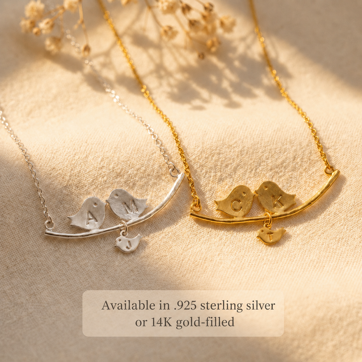 Personalized lovebirds family necklaces displayed in bright silver and yellow gold finishes.