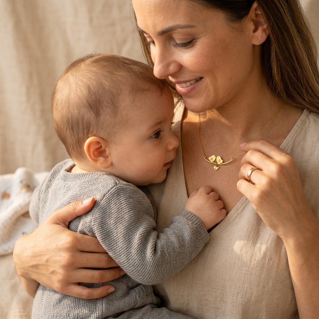 Mother holding her baby while wearing a personalized gold lovebirds necklace with a stamped family charm.