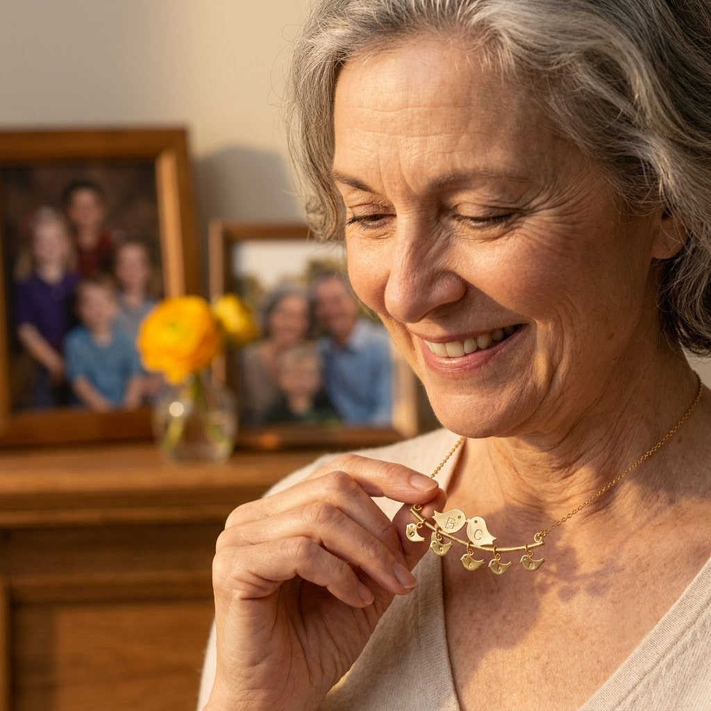 Grandmother wearing a gold lovebirds family necklace beside a framed family photograph.