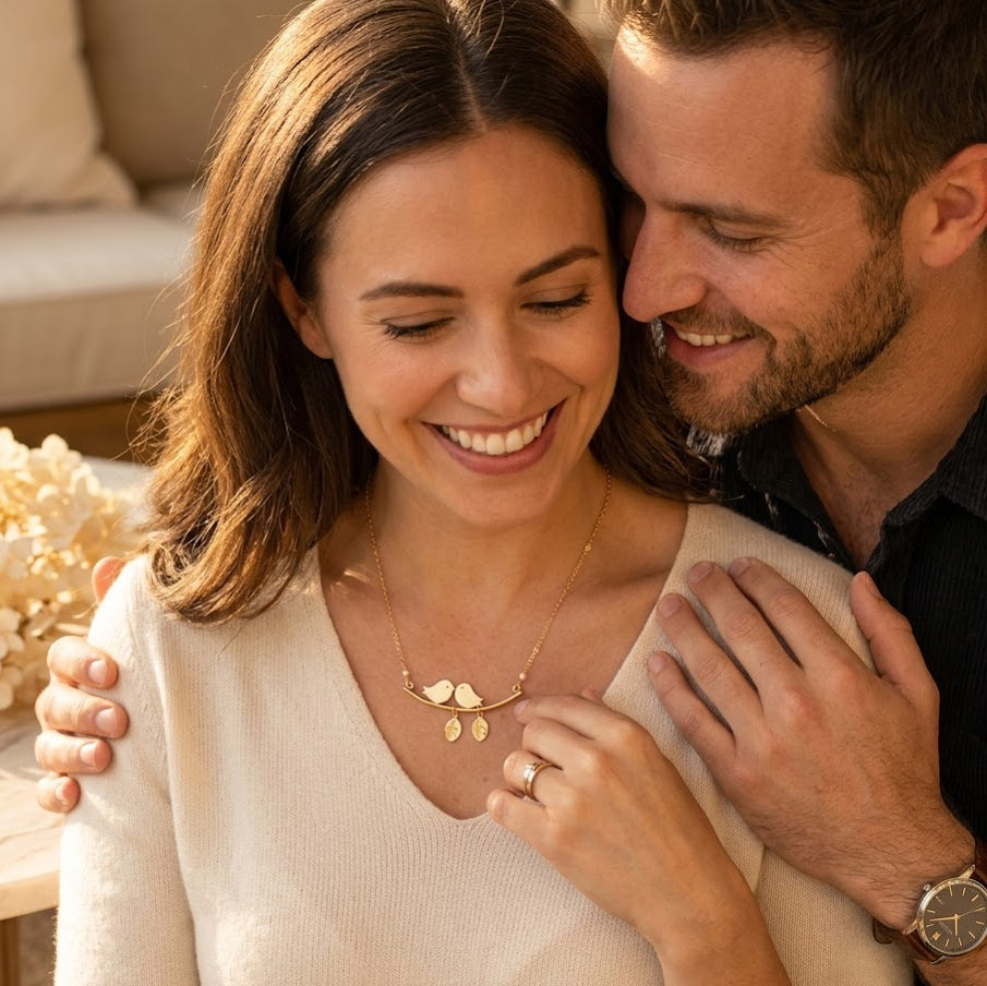 Smiling couple admiring a gold personalized lovebirds necklace with meaningful initial charms.
