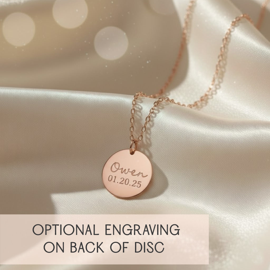 Round monogram disc necklace showing optional back engraving with custom message or date, paired with swirly front monogram in elegant script. Personalized monogram pendant available in sterling silver, yellow gold-filled or rose gold-filled, perfect for sentimental gifting to Mom, Grandma, sister or bridesmaids. A timeless custom keepsake for birthdays, Mother’s Day, weddings, anniversaries or holiday gifting with high-quality engraving on both sides.