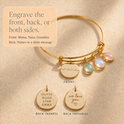 Birthstone color chart for personalized bangle bracelet with gemstone options for each child, grandchild, or loved one.