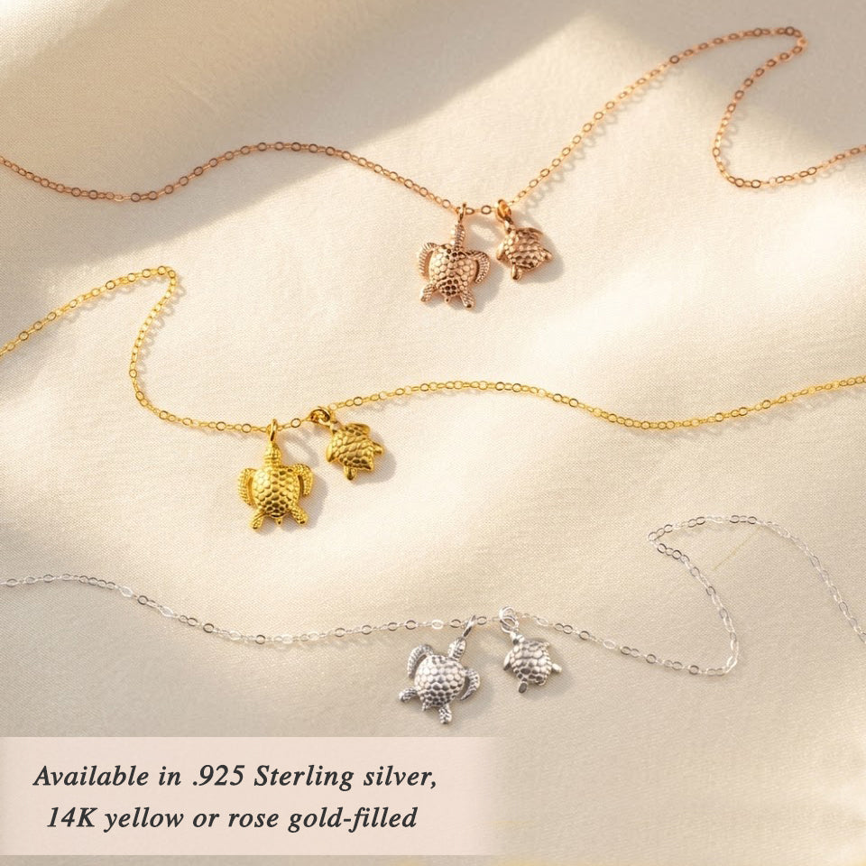 Turtle necklace available in sterling silver, yellow gold, and rose gold finishes, ocean-inspired jewelry for moms and turtle lovers.