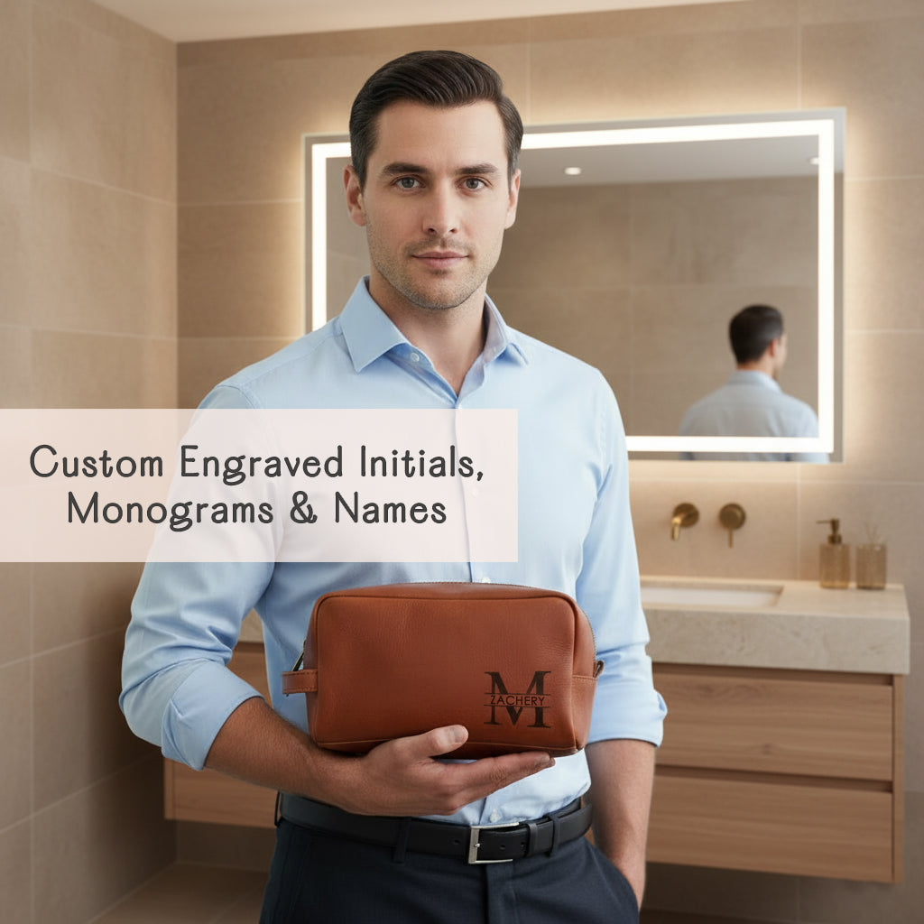 Personalized men’s leather toiletry bag with engraved initials, custom dopp kit gift for husband, boyfriend, or groomsmen.