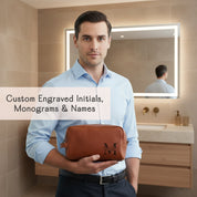 Personalized men’s leather toiletry bag with engraved initials, custom dopp kit gift for husband, boyfriend, or groomsmen.
