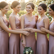 Bridesmaids wearing matching personalized birthstone bracelets with engraved name tags, custom bridal party jewelry gift idea