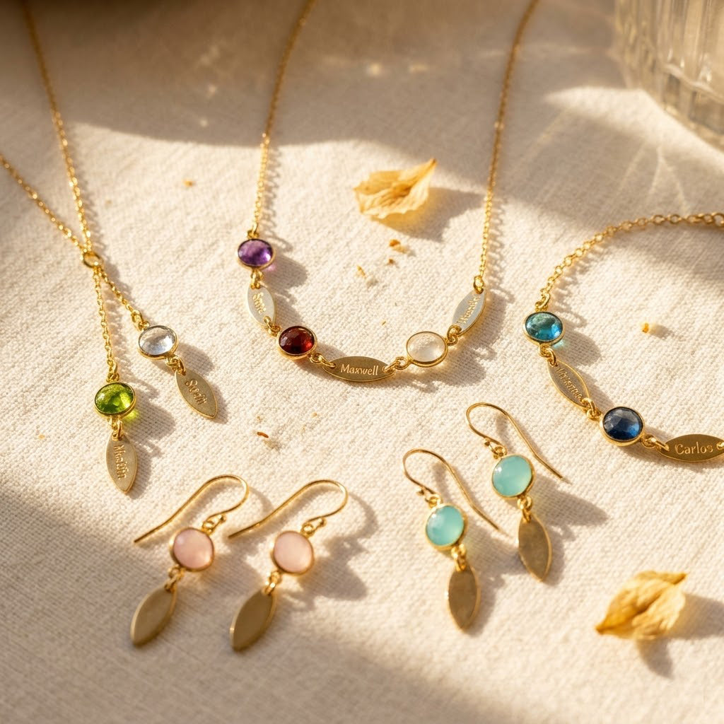 Matching custom birthstone jewelry set with marquise tag earrings, bracelet and necklace in gold
