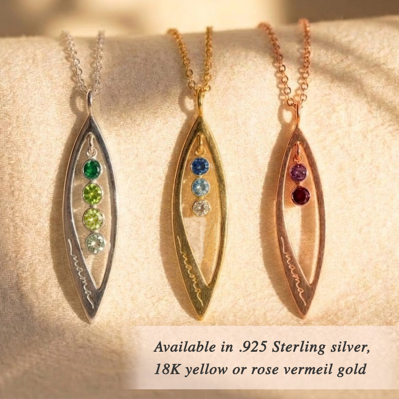 Engraved Open Marquis Family Birthstone Necklace, Mother's Pendant Necklace with Kids Birthstones, Gold, Silver, Rose Gold, Personalized Gift for Mom
